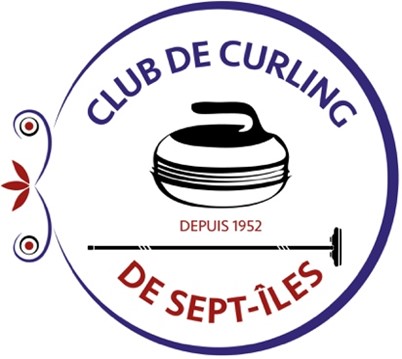 Logo du Club de curling de sept-îles depuis 1952, bleu et rouge avec une double courbes, une pierre et balais de curling